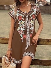 ieftine Rochii florale-Pentru femei Rochie Mini Rochii Tricou Rochie de Vară Rochie de vară Vacanță Casual Boho Zilnic Ieșire Fit regulat Floral Grafic Manșon scurt În V Negru Roșu Vin Albastru piscină Maro Vară