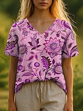 abordables T-shirt Boho-Femmes T-shirt Fleuri Graphique Plantes Bohème Élégant Occasionnel Manche Courte Col en V Hauts Réguliers Quotidien Imprimé Jaune Bleu Violet Vert Été Printemps
