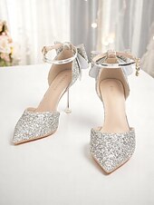 economico sposa-Scarpe da sposa con tacco argento scintillante da donna con fiocco – eleganti scarpe da sposa con punta a punta e cinturino alla caviglia per la sposa