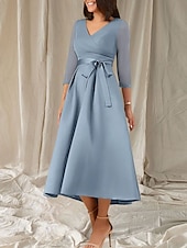 cheap Tea Length-A-Line Mother of the Bride Dress Wedding Guest Elegant Sweet V Neck Tea Length Satin Half Sleeve with Sash / Ribbon Beading Ruching 2025