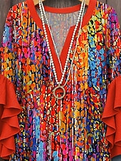 preiswerte Damen Kunst- und Design-Oberteile-Damen Bluse mit gestuften Rüschensäumen Grafik Geometrisch Abstrakt Täglich Stilvoll Lässig 3/4-Ärmel V-Ausschnitt Reguläre Oberteile Tägliches Urlaubsbekleidung Druck Pink Rot Blau Lila Sommer