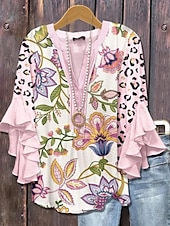 preiswerte Damen Urlaub Oberteile-Damenbluse Geschichtete Rüschenschlupfärmel Tops Floral Grafik Paisley Bohemia Vintage Täglich 3/4 Lange Ärmel V-Ausschnitt Reguläre Tops Täglich Urlaub Ferien Kleidung Print Schwarz Pink Lila