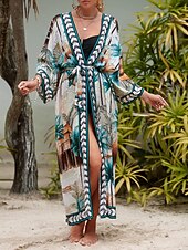 billiga Kaftans-Dam Badkläder Täck Över Baddräkt knyt fram Tropisk Standkläder Blomma V-hals Långärmad Baddräkter