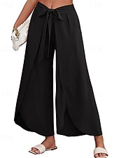 abordables Pantalón liso de lino y algodón-Mujer Pantalones de lino y algodón pantalones Casual Longitud total Cintura Media Plano Cintura elástica Separado Al Aire Libre Cómodo Festivos Ropa Cotidiana Fin de semana Albaricoque PEC Celeste