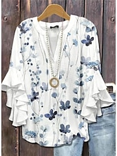 economico Top a Righe e Geometrici per Donne-Blusa da Donna con Maniche a Ruffle a Strati Grafica Floreale A Righe Giornaliera Stile Elegante Casual Maniche a 3/4 Collo a V Maglietta Regolare Abbigliamento Estivo Primaverile per Vacanze Stampa