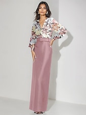 economico BLU-Abito da Sera Sirena Abito Formale Matrimonio Lunghezza Piena Maniche Lunghe Scollo a V Satin con Stampa Floreale Abito da Ospite di Matrimonio