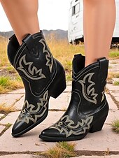 levne Cowboy &amp; Western Boots-Dámské tyrkysové kovbojské boty z umělé kůže, westernové, s vyšívanou špičatou špičkou, do poloviny lýtek, vhodné pro outfity ve venkovském stylu, rodea a venkovní akce.