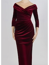 preiswerte ROT-Sammet Meerjungfrau  Trompete Abendkleid Elegantes Kleid Formelle Hochzeit Bodenlang 3/4 Länge Ärmel Off-Shoulder Porträtkragen mit gerafften