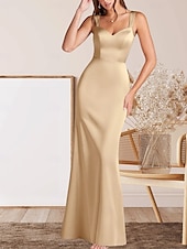cheap Floor Length-Mermaid / Trumpet Mother of the Bride Dress Wedding Guest Elegant Minimalist V Neck Floor Length Satin Sleeveless with Ruching