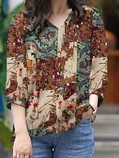 voordelige Dames grafische tops-Dames Overhemd Bloemig Dagelijks Retro vintage Modern Lange mouw Overhemdkraag Normale tops Dagelijks Feestdagen Knop Afdrukken Rood blauw Khaki Zomer