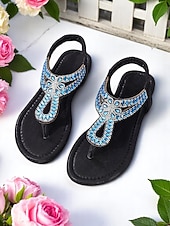 economico Sandali Piani-Sandali piatti da donna con cinturino a T e strass – comodi elastici, per le vacanze estive in spiaggia, da indossare tutti i giorni e per outfit estivi casual