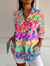 voordelige Vrouwen vakantie tops-Dames Overhemd Bloem Dagelijks Stijlvol Basic Halve mouw V-hals Normale tops Dagelijks Feestdagen Afdrukken Blozend Roze blauw Bruin Lente Herfst
