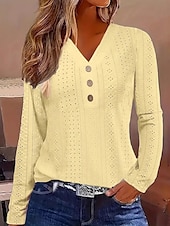 abordables T-shirt uni-Femmes Chemisier Couleur Unie ancien Tropical Élégant manche longue Col en V Hauts Réguliers Quotidien Boutons Œillet Blanche Jaune Rose Claire Bleu Été