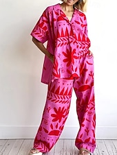 abordables Ensembles-Femmes Mode Streetwear Chemises en coton et lin Ensembles en coton et lin Ensembles de Pantalons Manche Courte Col de chemise Fleuri Imprimé Tenue quotidienne Date Rose Claire Été Coupe régulière