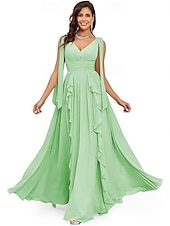 baratos Vestidos de Noite-Vestidos de Quinceanera A-Line Vestido Elegante Performance Natal Comprimento do Chão Sem Mangas Decote V Chiffon Costas Nuas com Pregas