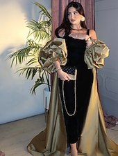 abordables NOIR-Robe de soirée élégante en colonne/silhouette ajustée robe formelle de mariage longue à partir du sol à manches longues col carré satin avec châle
