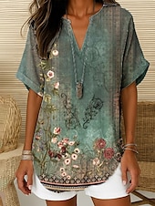 abordables Hauts Floraux-Femmes Chemisier A Ombre Fleuri Rayé Élégant Quotidien Ethnique Manche Courte Col en V Encolure en V Hauts Réguliers Quotidien Fête Sortir Bleu Denim Vert cendré Blanche Vert Claire Bleu Poudré Été