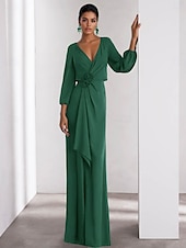 economico VERDE-Linea ad A Abito da Sera Elegante Vestito Formale Matrimonio Lunghezza al pavimento Manica Lunga Scollo a V Crepe Elasticizzato con Volant 2025