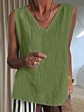 voordelige Overhemden-Dames Overhemd Linnen-geïnspireerde sets Blouse Effen Modern Casual Mouwloos V-hals Normale tops Dagelijks Feestdagen Zwart Blozend Roze Leger Groen Beige Grijs Zomer