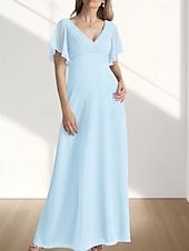 preiswerte Bodenlänge-A-Linie Brautmutterkleid Hochzeitsgast Elegant Süß V Ausschnitt Bodenlang Chiffon Kurzarm mit Raffung 2025