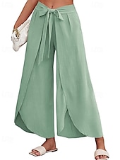 abordables Pantalón liso de lino y algodón-Mujer Pantalones de lino y algodón pantalones Casual Longitud total Cintura Media Plano Cintura elástica Separado Al Aire Libre Cómodo Festivos Ropa Cotidiana Fin de semana Albaricoque PEC Celeste