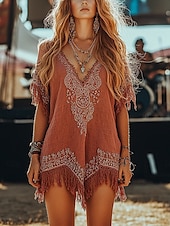 preiswerte Hemden-Damen Minikleid Shiftkleid Urlaub Lässig Boho Outdoor Ausgehen Strand Normale Passform Blumen Grafik Kurzarm V Ausschnitt Rote Sommer