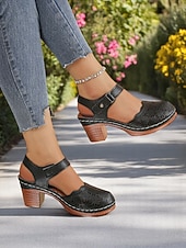 cheap Block Heel Pumps-Women's Cutout Faux Leather Block Heel Sandals with Adjustable Strap – Comfort Shoes for Daily Commute, Garden Party, Farmers Market &amp; Boho Summer Outings
