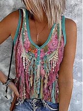 olcso Boho ujjatlan felső-Női Camisole Tank Top Grafika Színes Csehország Stílusos Retró Ujjatlan Ujjatlan V-alakú Crop Tops Napi Alkalmi Strandruházat Nyomtatott Arcpír rózsaszín Barna Lóhere Nyár Tavasz