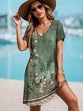 abordables Robes Boho-Femmes Mini Robe Robe Décontractée Robe T-Shirt Robe d&#039;Été Robe trapèze Vacances Occasionnel Boho Fête Plage Coupe régulière Fleuri Graphique Manche Courte Col en V Vert cendré Été Printemps