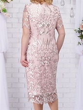 baratos Comprimento do chá-Vestido Plus Size Mãe da Noiva Vestido Curves Elegante Decote Cano Comprimento do Chá Renda Manga Curta com Cor Sólida