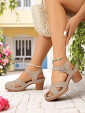 abordables Sandalias de tacón-Sandalias de tacón grueso para mujer con correa ajustable: zapatos retro de punta abierta cómodos para fiestas de verano en el jardín y eventos al aire libre.