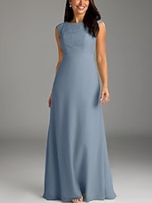 cheap Floor Length-A-Line Mother of the Bride Dress Wedding Guest Elegant Minimalist Crew Neck Floor Length Chiffon Lace Cap Sleeve with Lace Buttons