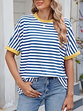 abordables T-shirt rayé et géométrique-Femmes T-shirt Rayé Mode Élégant Moderne Manche Courte Col ras du cou Hauts Réguliers Quotidien Week-end Imprimé Noir Rouge Bleu Vert Été