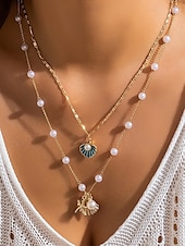 cheap Women&#039;s Necklace-Women&#039;s Summer Beach Necklace with Pearl, Shell and Starfish Charms – Gold-Plated Layered Necklace for Vacation, Casual Outfits and Special Occasions