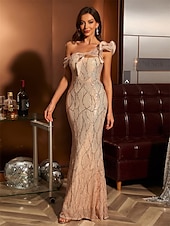 abordables Champagne-Sirène / Trompette Robes de Quinceanera Élégant Robe Formel Mariage Longueur au sol Sans manches Épaules Dénudées Pailleté avec Paillettes 2025