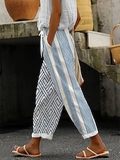 preiswerte Gerade geschnittene Hose-Damen Slim Fit Elegant Urlaub Vintage Volle Länge Hohe Taille Grafik Gestreift Geometrisches Muster Drucken Atmungsaktiv Weich Mikroelastisch Outdoor Täglich Hellblau Hellblau-Weiß Leicht Grün Sommer