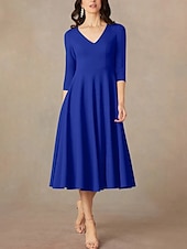 economico Lunghezza del tè-Abito A-Line madre della sposa ospite matrimonio elegante minimalista scollatura a V lunghezza tè in raso italiano manica a tre quarti con drappeggio