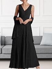 abordables Longueur du plancher-Ligne A Robe de Mère de Mariée  robe demoiselle d honneur Élégant Col en V Longueur au sol Chiffon Sans manches Echarpe incluse avec Perlage Fronces 2025