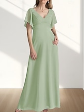preiswerte Bodenlänge-A-Linie Brautmutterkleid Hochzeitsgast Elegant Süß V Ausschnitt Bodenlang Chiffon Kurzarm mit Raffung 2025