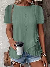 ieftine tricou simplu-Tricou pentru femei Culoare solidă Simplu Basic Casual Mâneci scurte Guler rotund Topuri Regular Zilnice Weekend Volan Dantelat Alb Galben Roz Verde Vară
