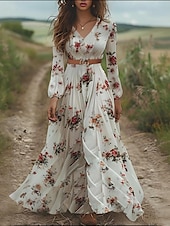 billige Boho-kjoler-Dame Lang kjole Maxikjole Boho-kjole Western kjole Mote Moderne utendørs Feriereise Ut på byen Normal Blomsternål i krystall Langermet V-hals Elfenben Sommer