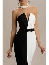 baratos Vestidos de Cocktail-Vestidos de coquetel sereia/trompete preto e branco, elegante, formal, casamento, comprimento até o chão, comprimento longo, sem alças, crepe elástico com laço(s) 2025