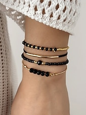 voordelige Damesarmband-Set bohemian zwarte kralenarmbanden voor dames, met gouden versiering, verstelbaar, modieuze en trendy sieraden, geschikt voor dagelijks gebruik, op reis en voor feestjes