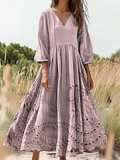 abordables Robes Boho-Femmes Robe maxi Robe d&#039;Été Robe trapèze Robe Plissée Vacances Occasionnel Boho Sortir Coupe Ample Fleuri Graphique Manche 3/4 Col en V Rose Claire Bleu Vert