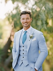 cheap Wedding Suits-Men&#039;s Wedding Linen Suits Sky Blue Summer Formal Solid Colored Standard Fit 3 Piece Single Breasted Two-buttons