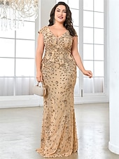 cheap BLUE-Mermaid / Trumpet Plus Size Dresses Elegant Curve Dress Formal Wedding Floor Length Short Sleeve V Neck Lace Backless with Sequin