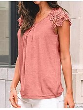 billiga Enkel t-shirt-Damernas T-shirt Enfärgad Plain Mode Stilig Klassisk Korta Ärmar Rund Halsringning Regelbundna Toppar Daglig Helg Spets Lappar Svart Blå Grön Khaki Sommar