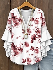 economico Top Floreali-Blusa da Donna con Maniche a Ruffle a Strati Grafica Floreale Elegante Bohemia Vintage Maniche a 3/4 Collo a V Maglietta Regolare Abbigliamento Estivo Primaverile per Vacanze Stampa Gialla Rossa Blu