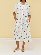 abordables concevoir des robes en coton et lin-Femmes Robe Longue Maxi Robe Robes en coton et lin Robe Décontractée Mode Extérieur Soirée Fête Coupe régulière Fleur Manche Courte Col de chemise Blanche Été