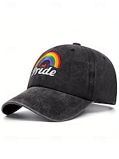 abordables Chapeaux pour femmes-Casquette de baseball LGBTQ en denim vieilli pour femme avec arc-en-ciel et cœurs brodés - Casquette de baseball ajustable pour les défilés de la fierté, les festivals et les tenues décontractées